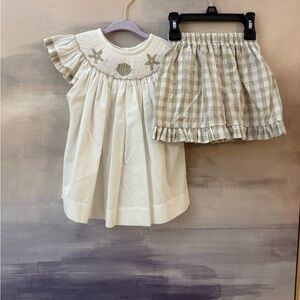 Delaney Smocked White Seashell Sun Dress and Plaid Gingham Shorts Set 3T